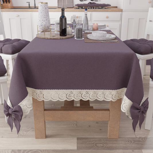 Tovaglia da Tavola Shabby Chic Copritavolo con Pizzo e Fiocchi Malva