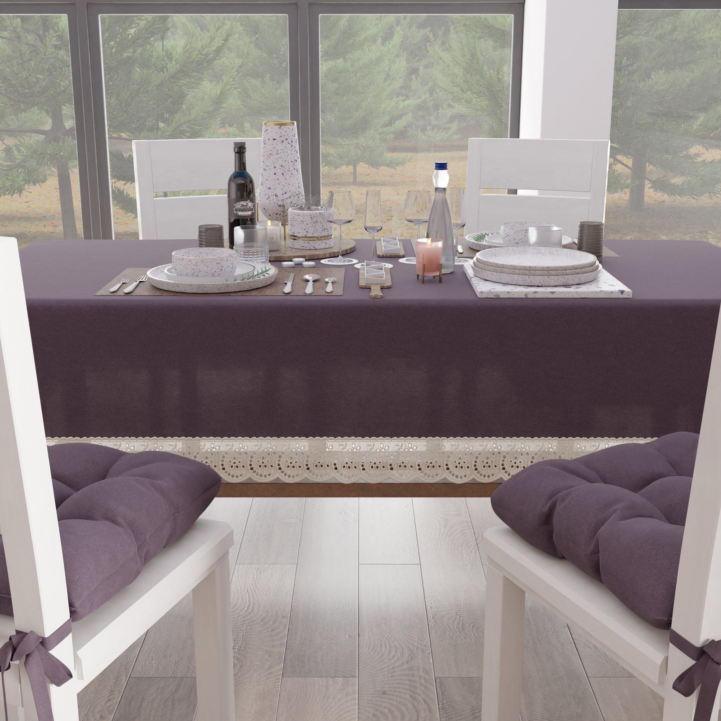 Tovaglia da Tavola Shabby Chic Copritavolo con Pizzo e Fiocchi Malva