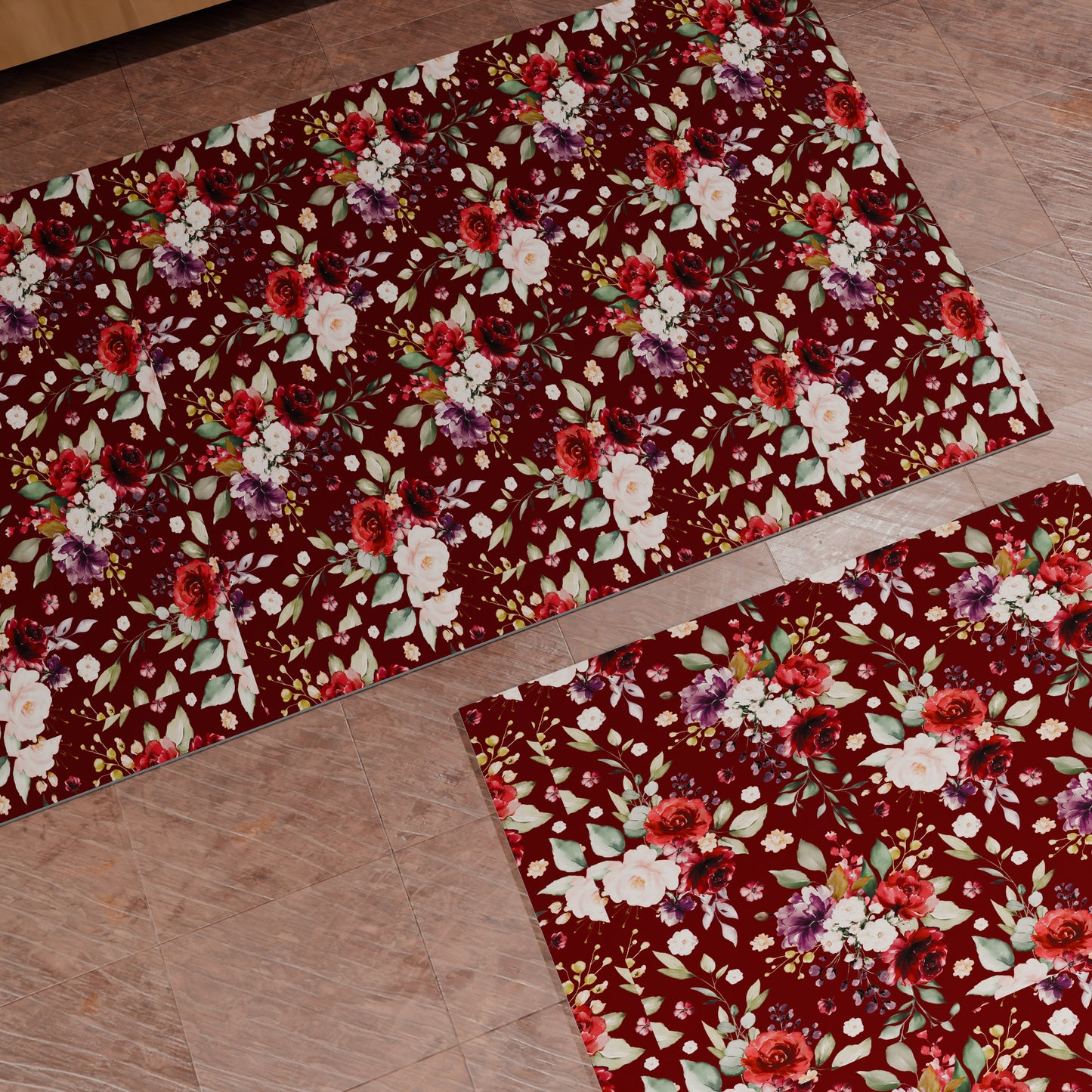 Tapis de cuisine antidérapant couloir de cuisine lavable, Floral-07-Bordeaux