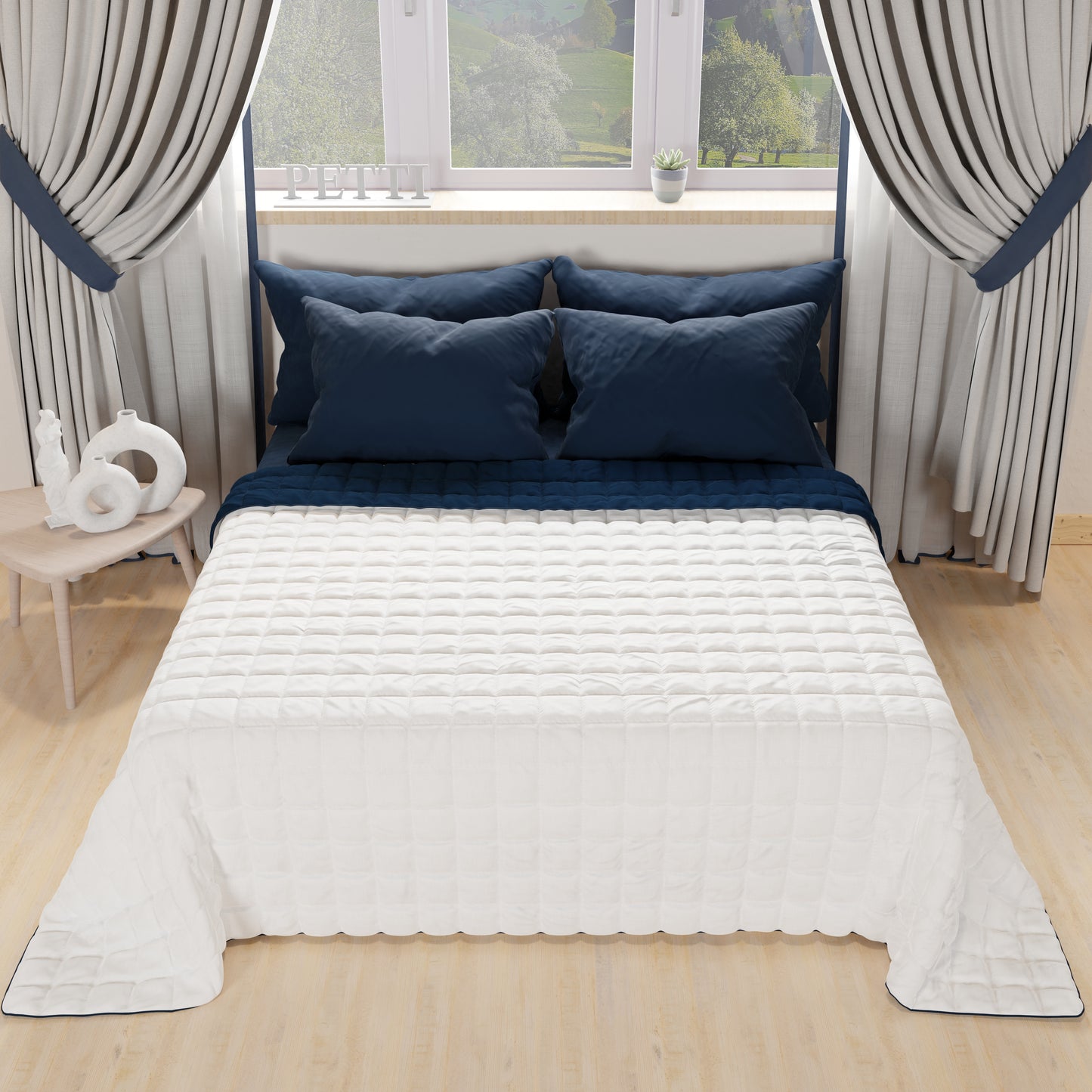 Trapuntino Copriletto Primaverile Autunnale Double Face Blu Bianco
