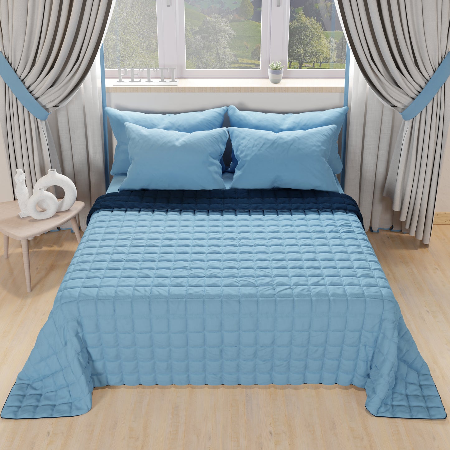 Trapuntino Copriletto Primaverile Autunnale Double Face Celeste Blu