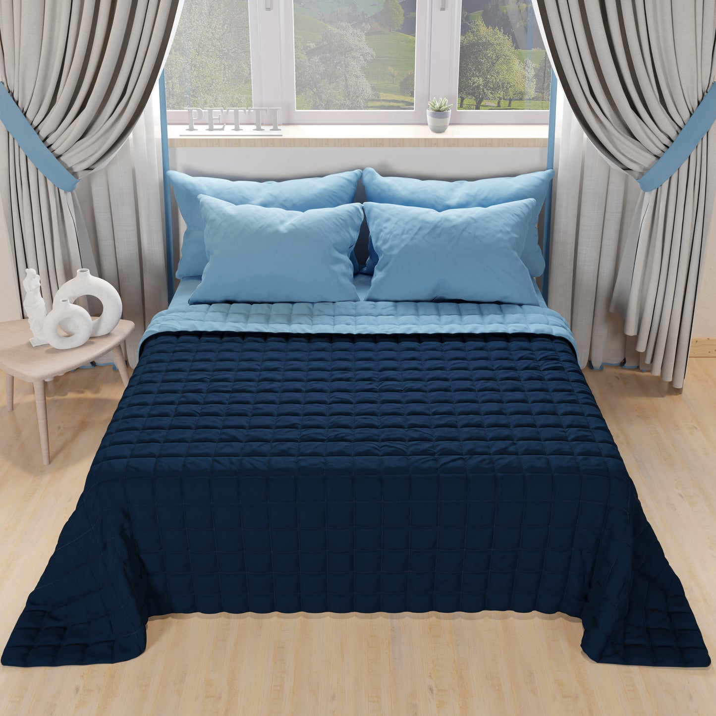 Trapuntino Copriletto Primaverile Autunnale Double Face Celeste Blu