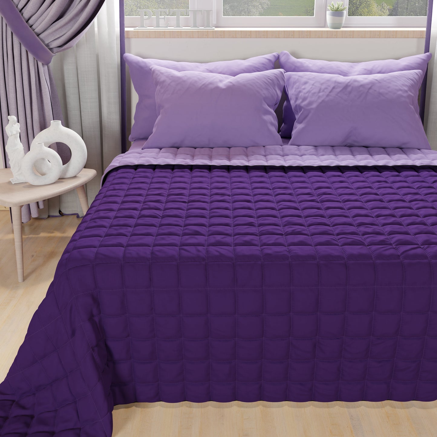 Courtepointe unie violet-lilas + draps assortis et taie d'oreiller numérique