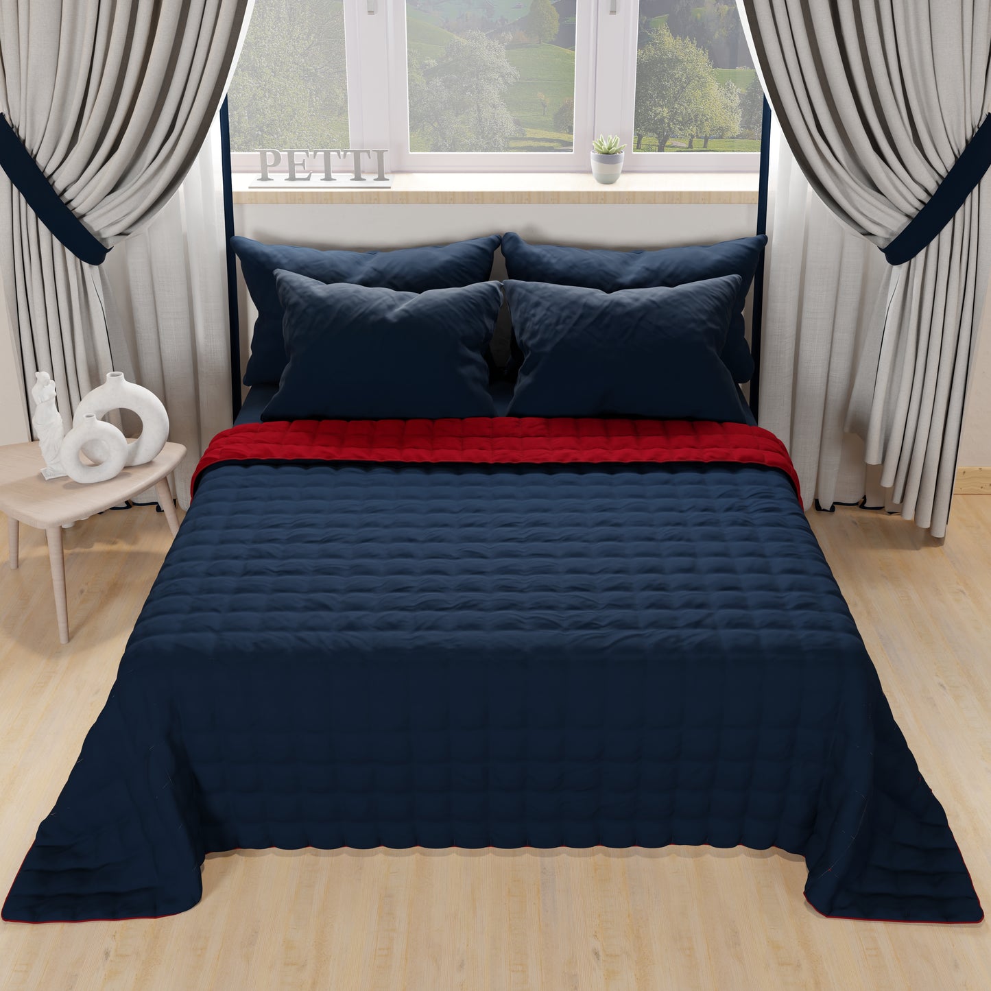 Courtepointe de Lit Printanière Automnale Double Face Bleu Bordeaux
