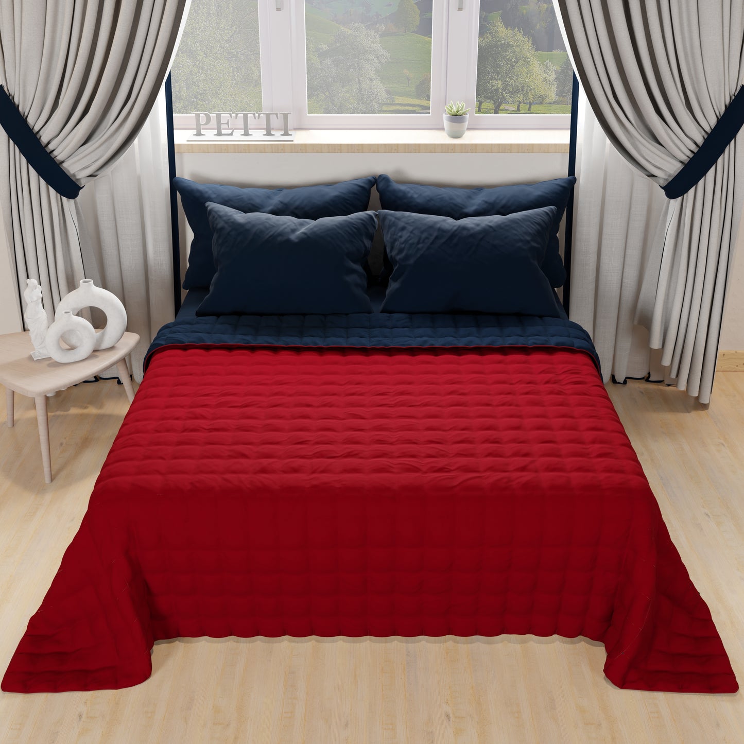Courtepointe de Lit Printanière Automnale Double Face Bleu Bordeaux
