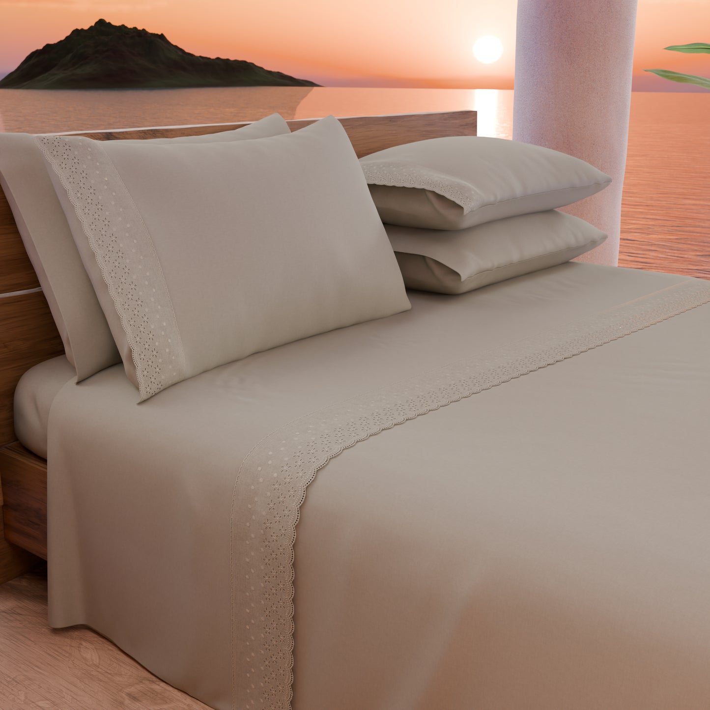 Draps doubles en pur coton percale avec volant en dentelle de San Gallo - Taupe