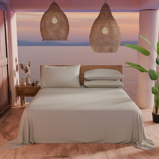 Draps doubles en pur coton percale avec volant en dentelle de San Gallo - Taupe