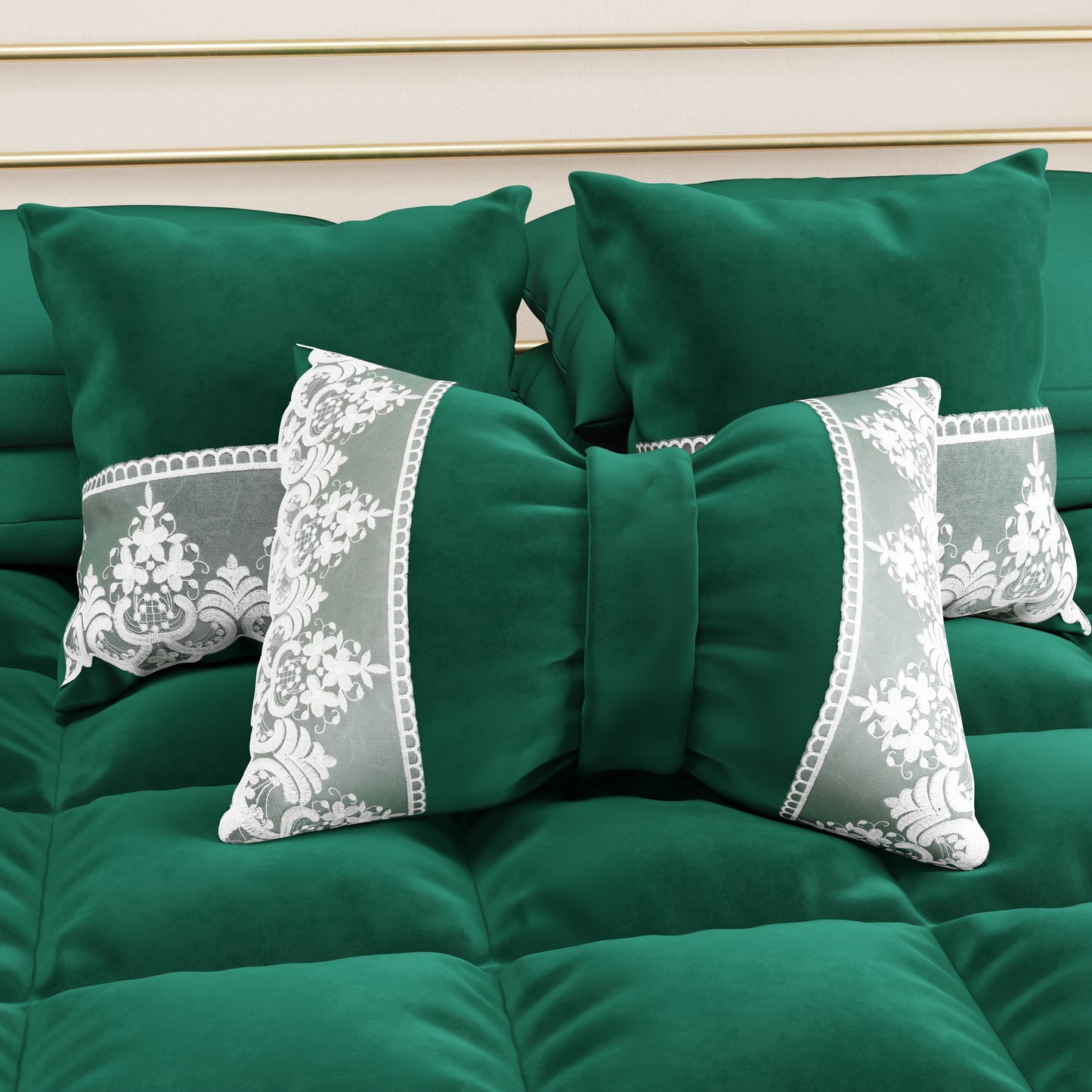 Coussin décoratif nœud en velours avec volant et dentelle rebrodée 40x50 cm, coussin de canapé émeraude By Sissy