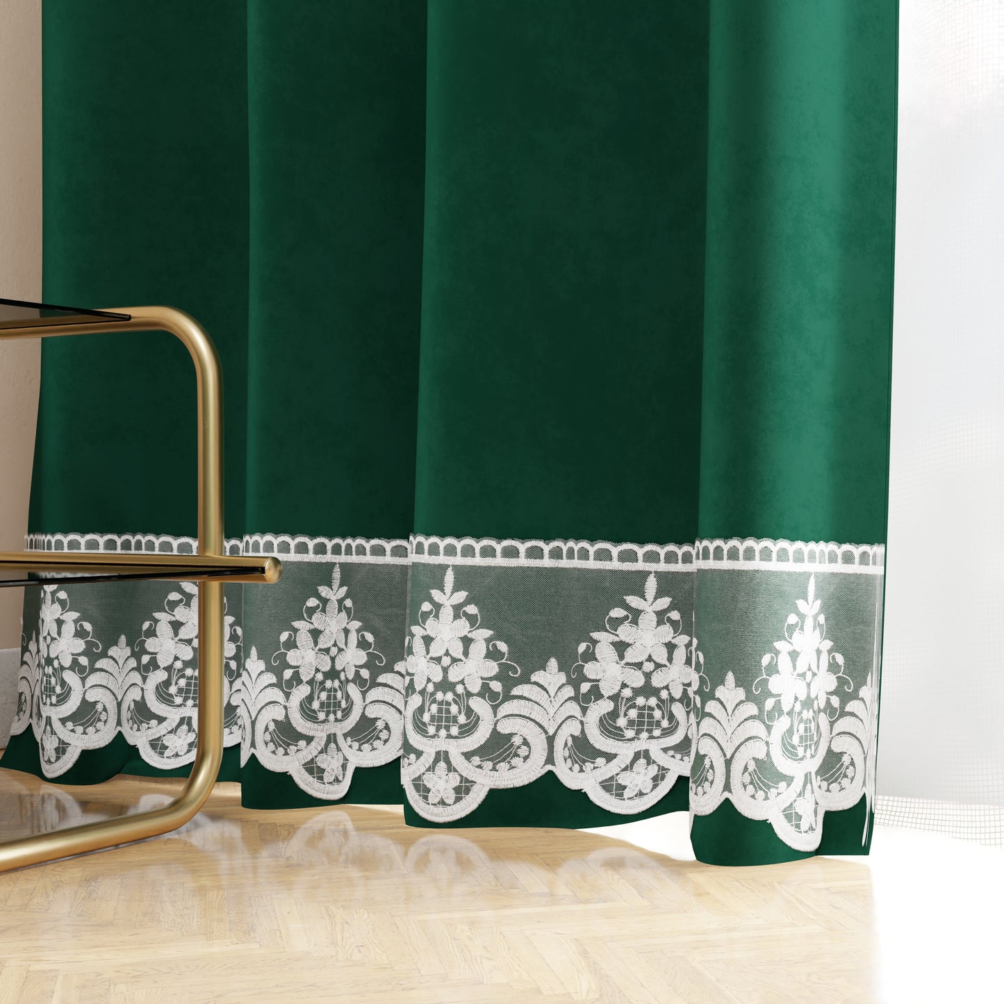 Rideau panneau en velours pour intérieur avec anneaux et dentelle rebrodée, 140x280 cm, Smeraldo par Sissy