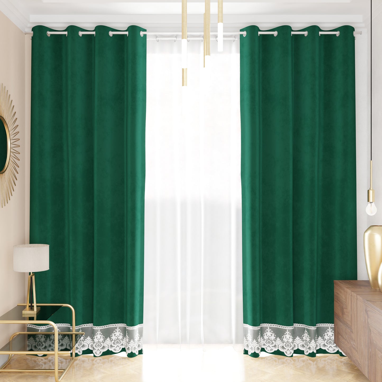 Rideau panneau en velours pour intérieur avec anneaux et dentelle rebrodée, 140x280 cm, Smeraldo par Sissy