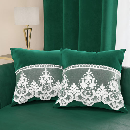 Coussins décoratifs en velours avec volant et dentelle rebrodée 2 pcs, coussins de canapé émeraude By Sissy