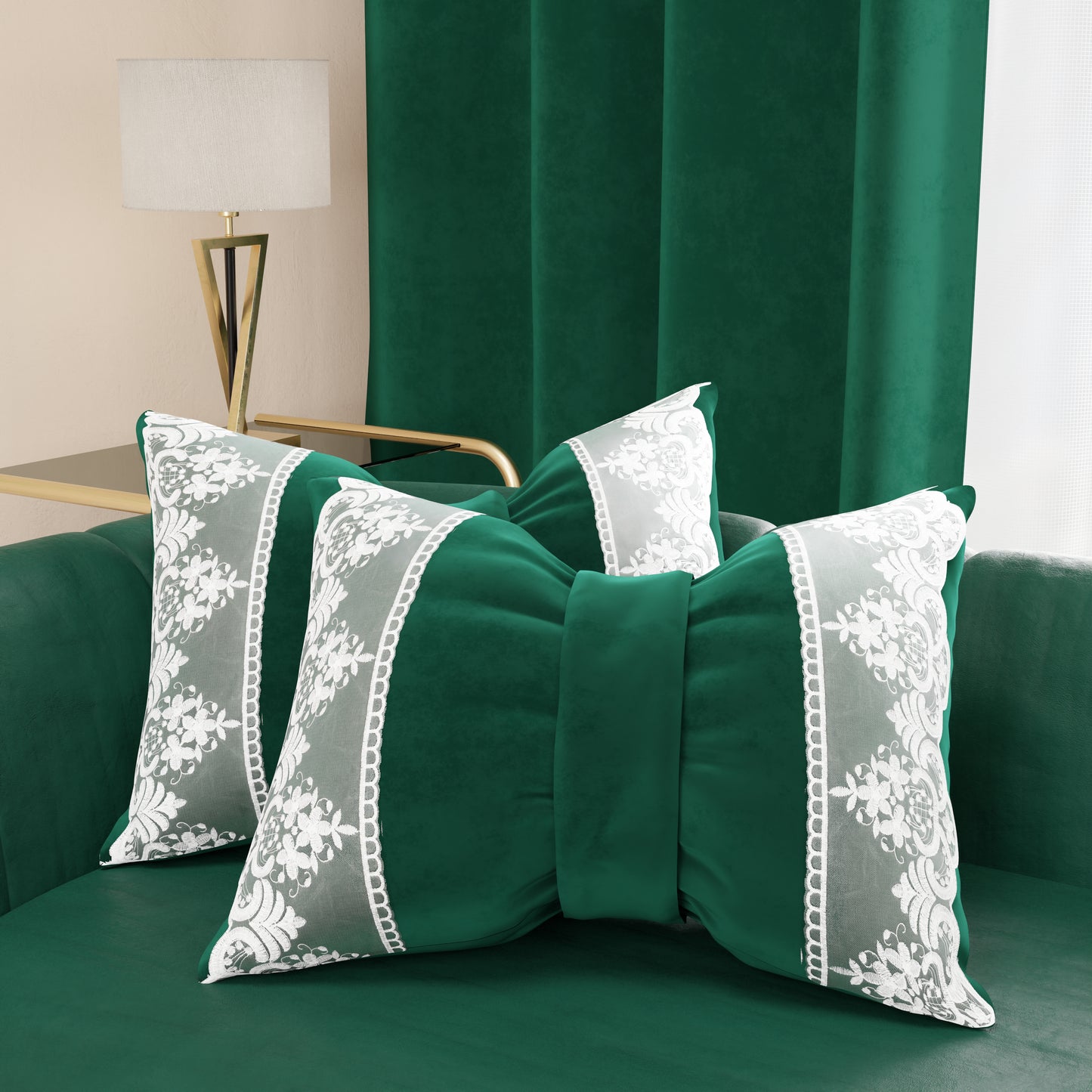 Coussin décoratif nœud en velours avec volant et dentelle rebrodée 40x50 cm, coussin de canapé émeraude By Sissy