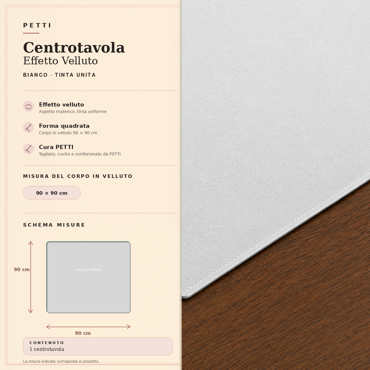 Centrotavola effetto velluto Bianco, 90 × 90 cm — scheda misure e contenuto