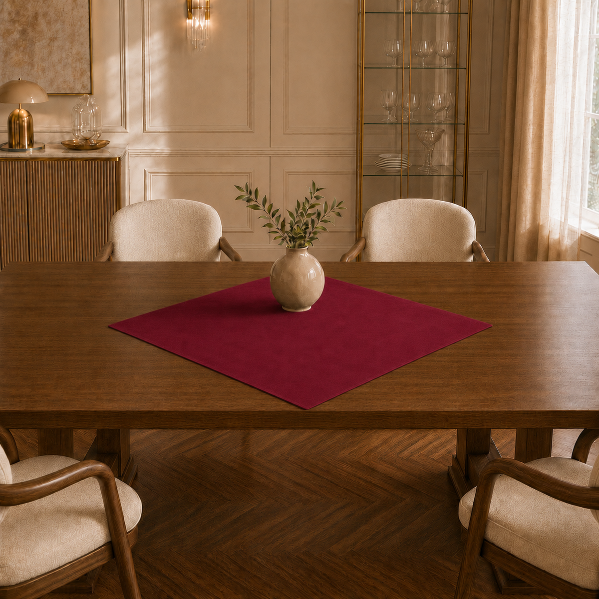Centrotavola effetto velluto Bordeaux, 90 × 90 cm — vista ambientata