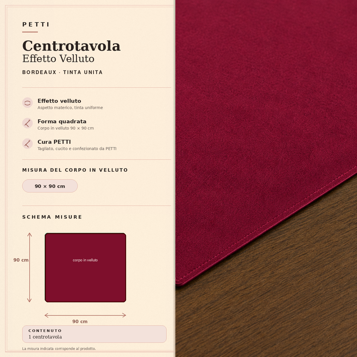 Centrotavola effetto velluto Bordeaux, 90 × 90 cm — scheda misure e contenuto