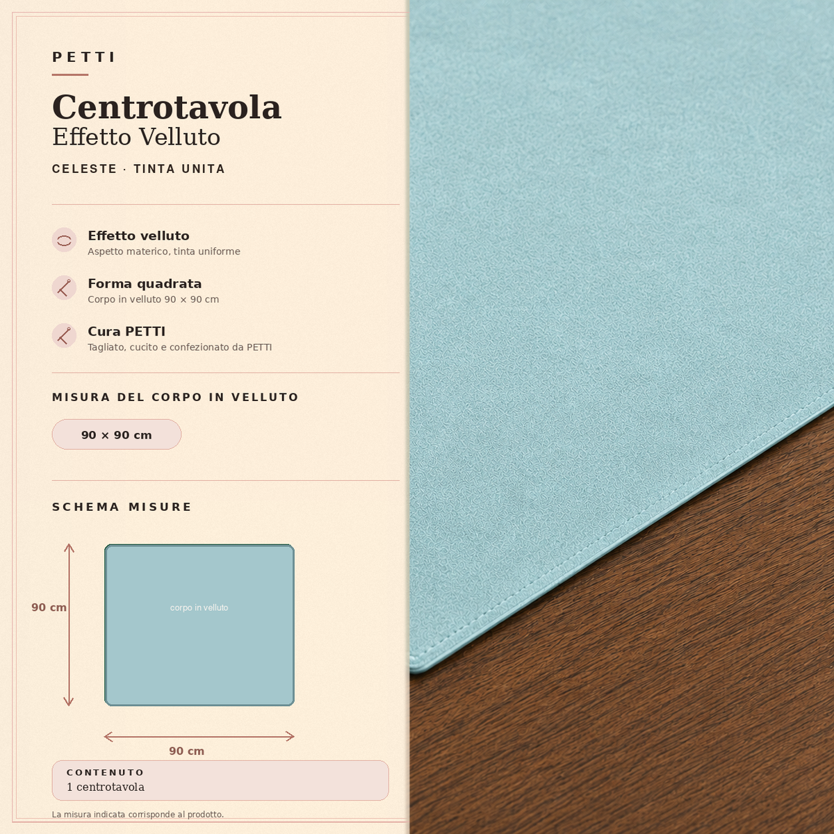 Centrotavola effetto velluto Celeste, 90 × 90 cm — scheda misure e contenuto