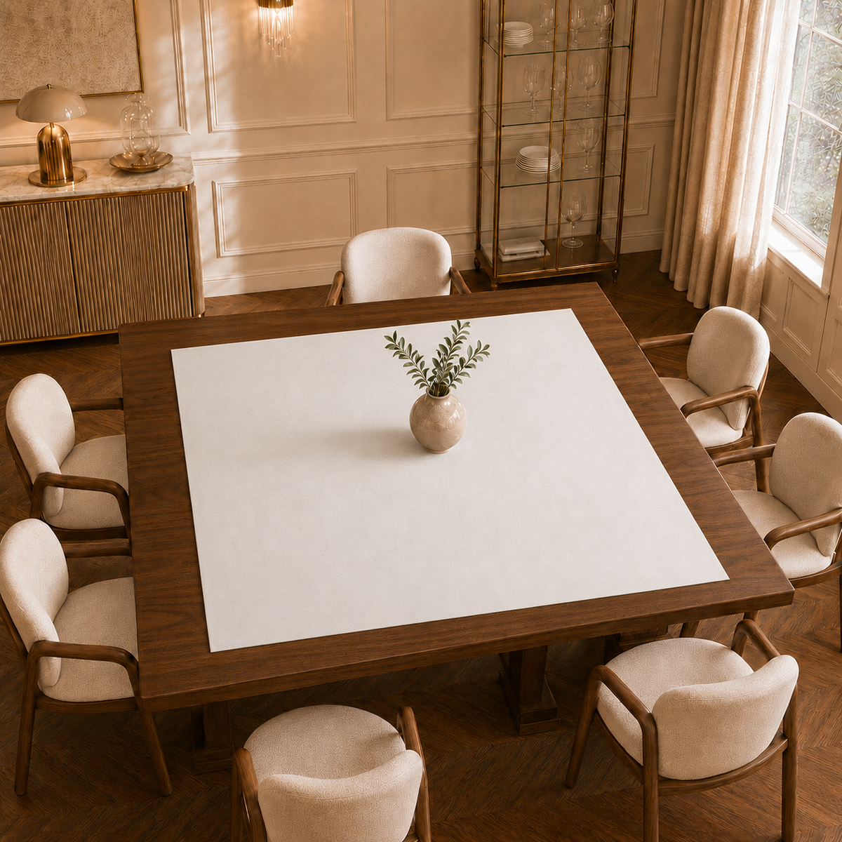 Centrotavola effetto velluto Bianco Latte, 90 × 90 cm — vista dall’alto