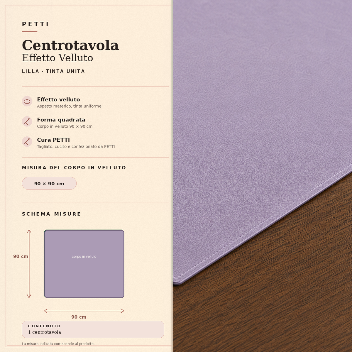 Centrotavola effetto velluto Lilla, 90 × 90 cm — scheda misure e contenuto