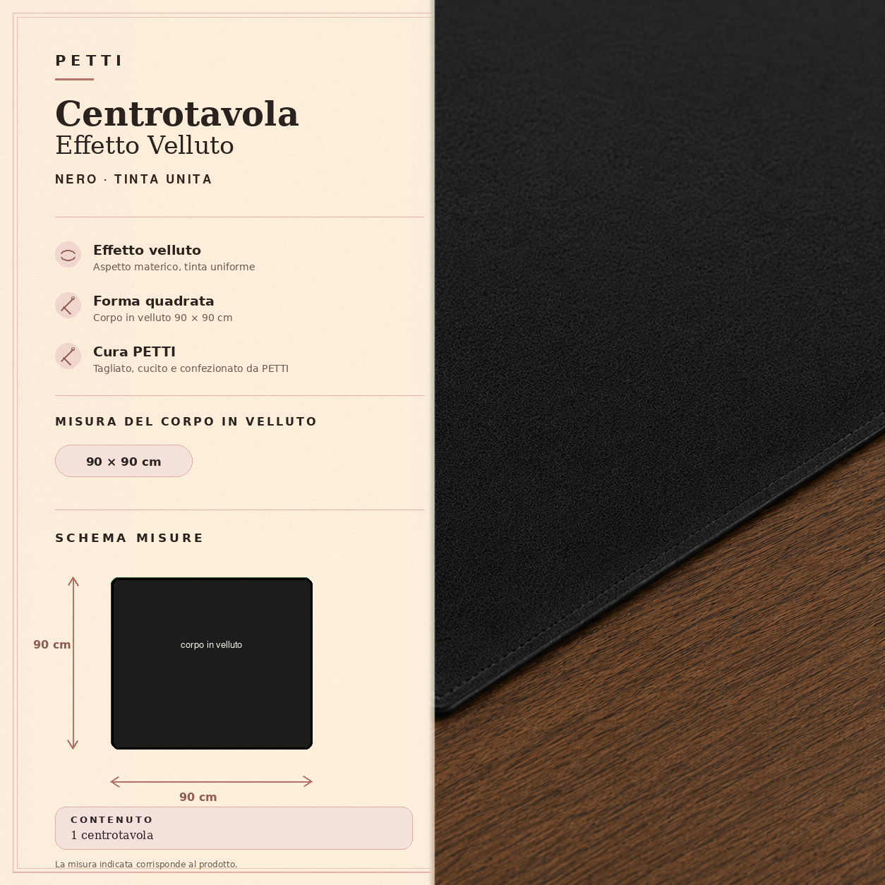 Centrotavola effetto velluto Nero, 90 × 90 cm — scheda misure e contenuto
