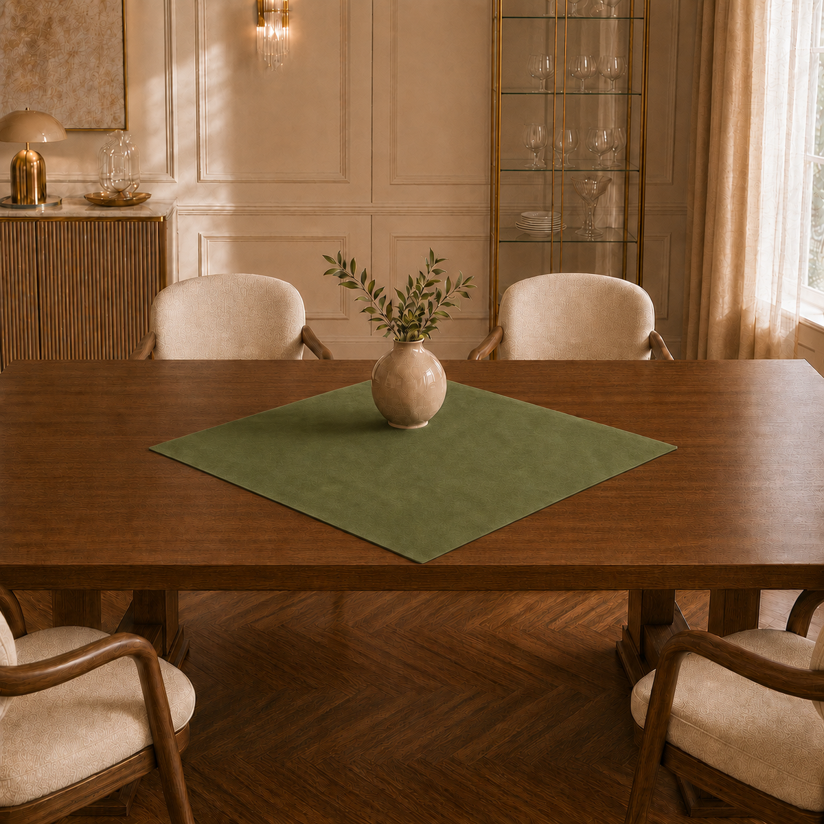 Centrotavola effetto velluto Verde Oliva, 90 × 90 cm — vista ambientata