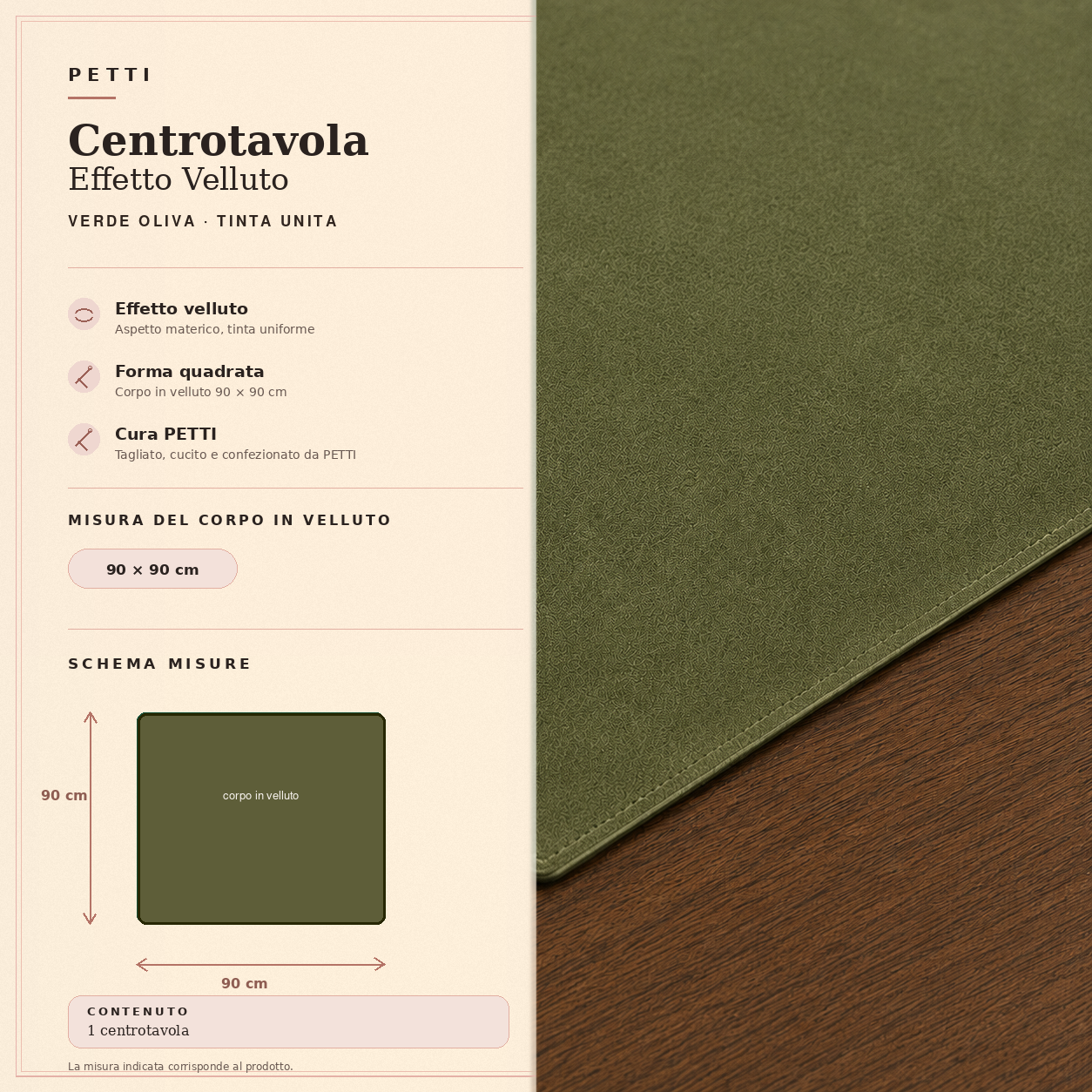 Centrotavola effetto velluto Verde Oliva, 90 × 90 cm — scheda misure e contenuto