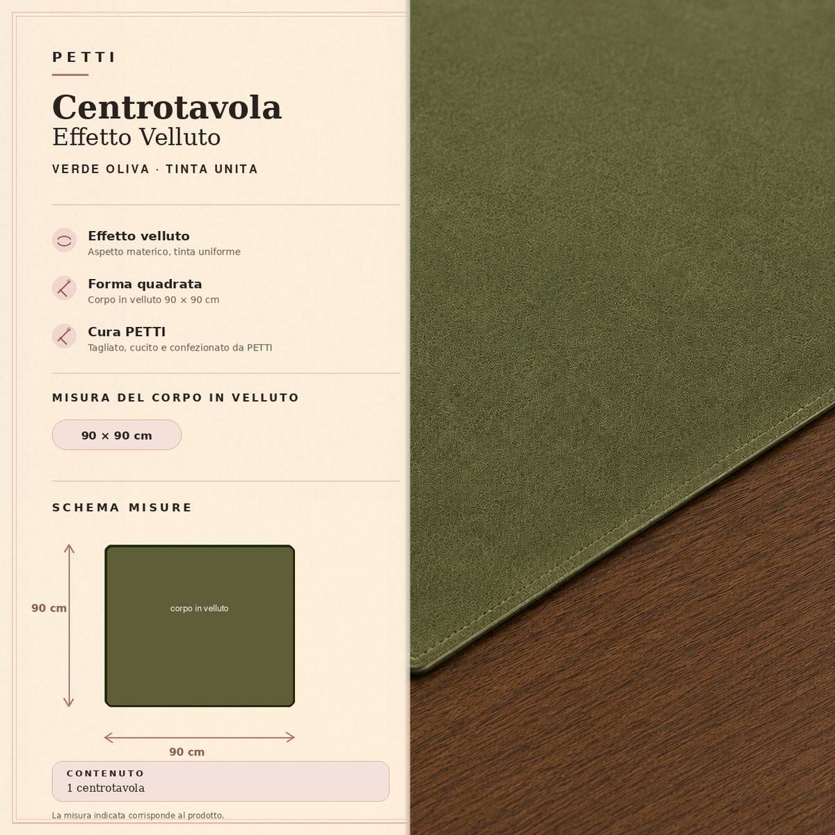 Centrotavola effetto velluto Verde Oliva, 90 × 90 cm — scheda misure e contenuto