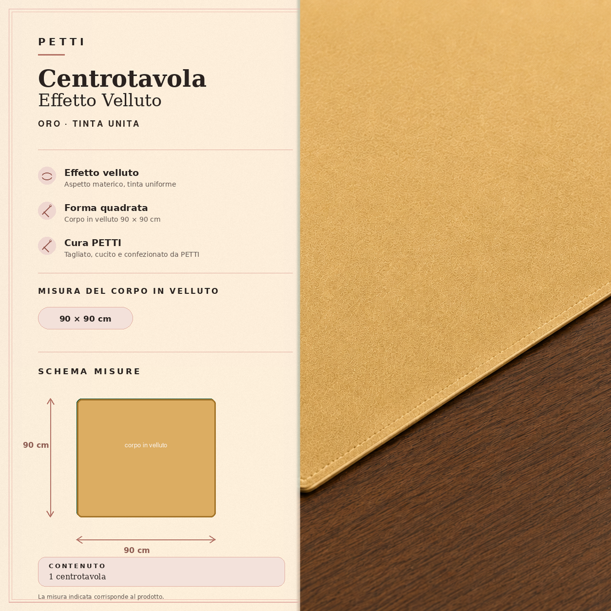 Centrotavola effetto velluto Oro, 90 × 90 cm — scheda misure e contenuto