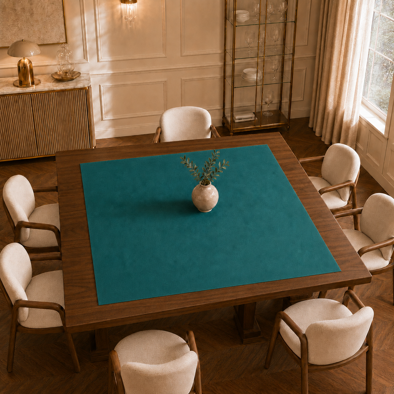 Centrotavola effetto velluto Ottanio, 90 × 90 cm — vista dall’alto