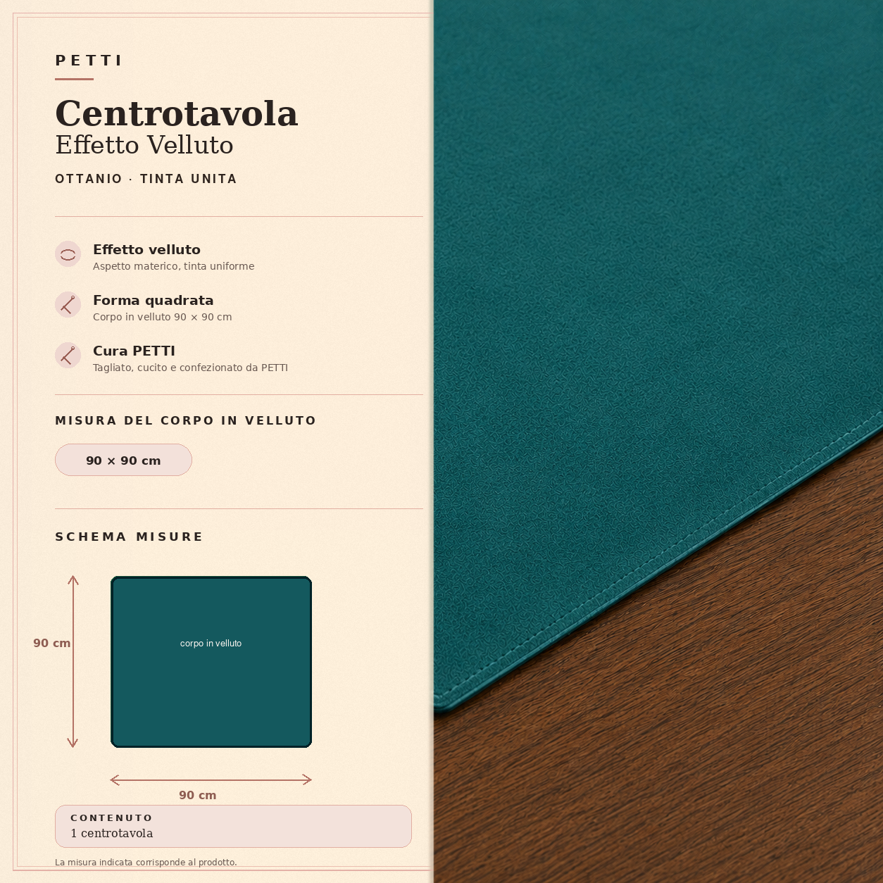 Centrotavola effetto velluto Ottanio, 90 × 90 cm — scheda misure e contenuto