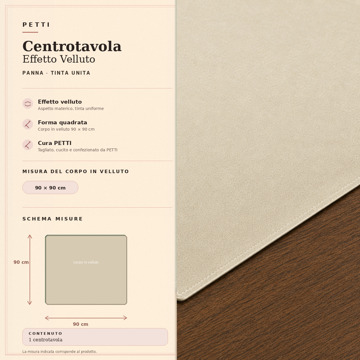 Centrotavola effetto velluto Panna, 90 × 90 cm — scheda misure e contenuto