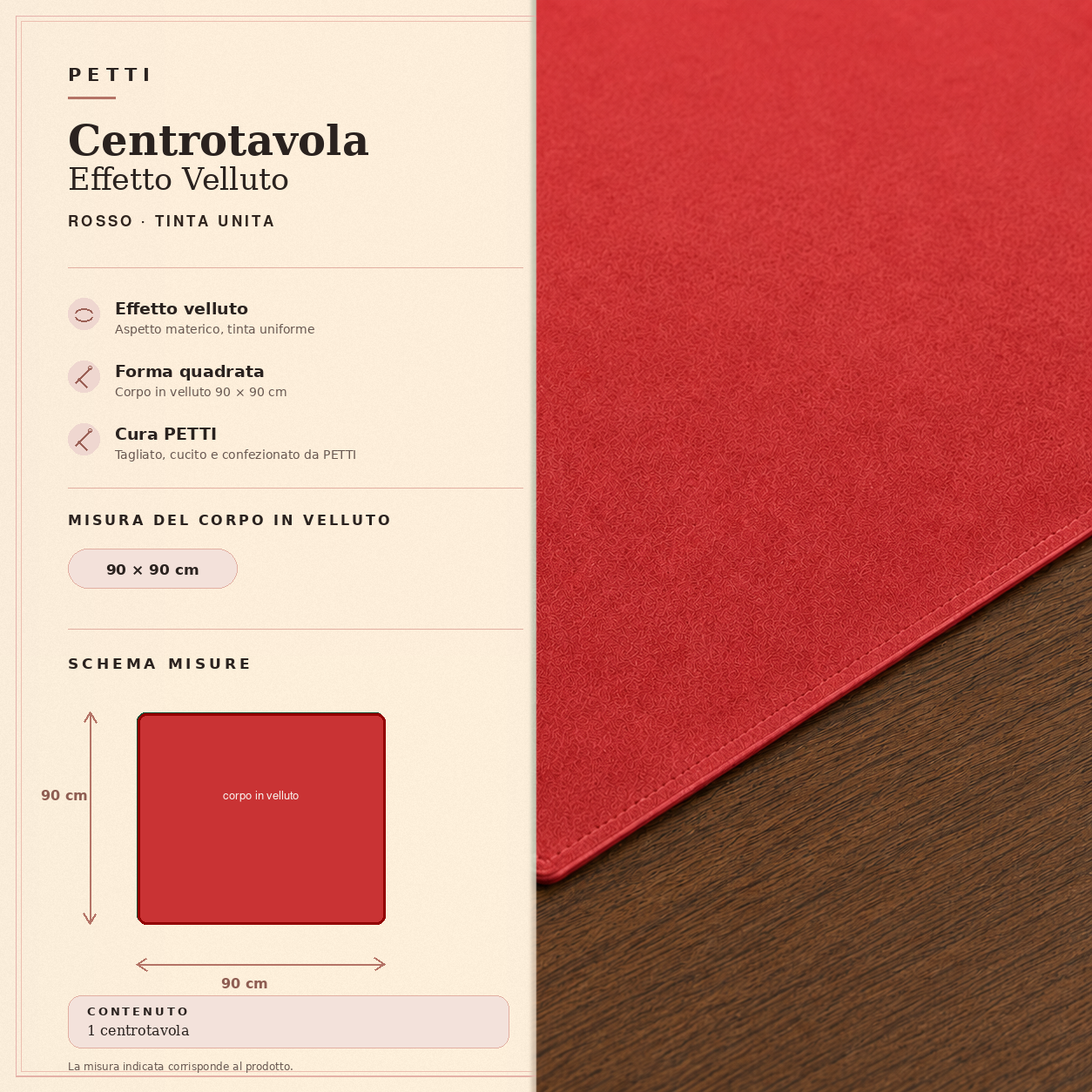 Centrotavola effetto velluto Rosso, 90 × 90 cm — scheda misure e contenuto