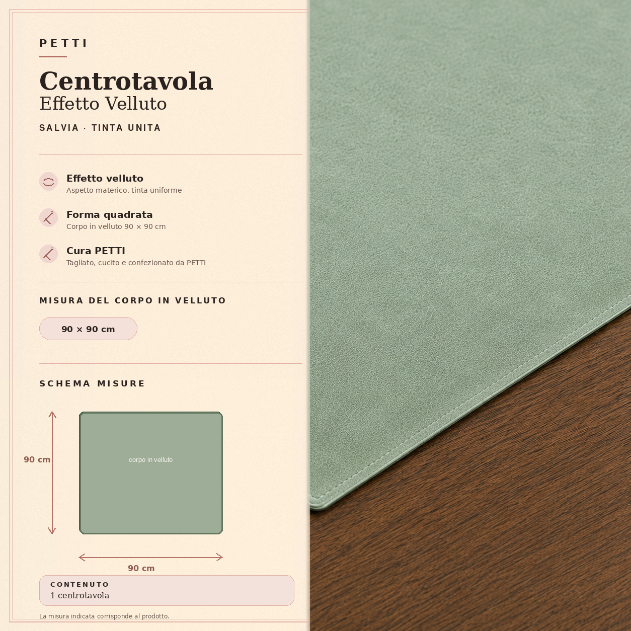 Centrotavola effetto velluto Salvia, 90 × 90 cm — scheda misure e contenuto