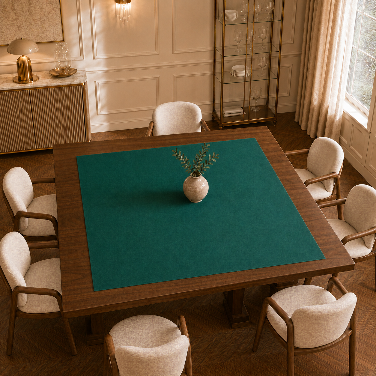 Centrotavola effetto velluto Smeraldo, 90 × 90 cm — vista dall’alto