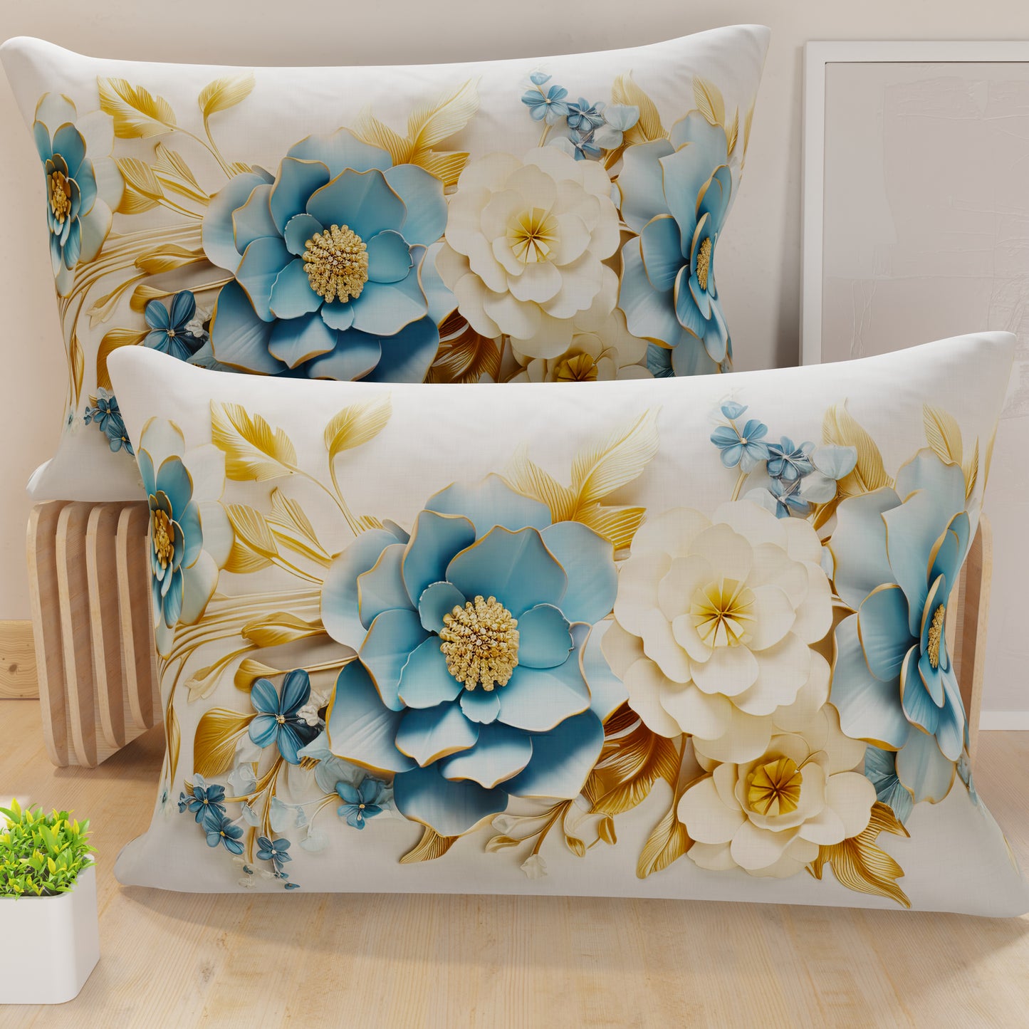 Taies d'Oreiller en Impression Numérique, Fleur Céramique 03 Bleu Clair