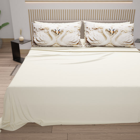 Draps en Coton, Parure de Lit avec Taies d'Oreiller en Impression Numérique Cygnes