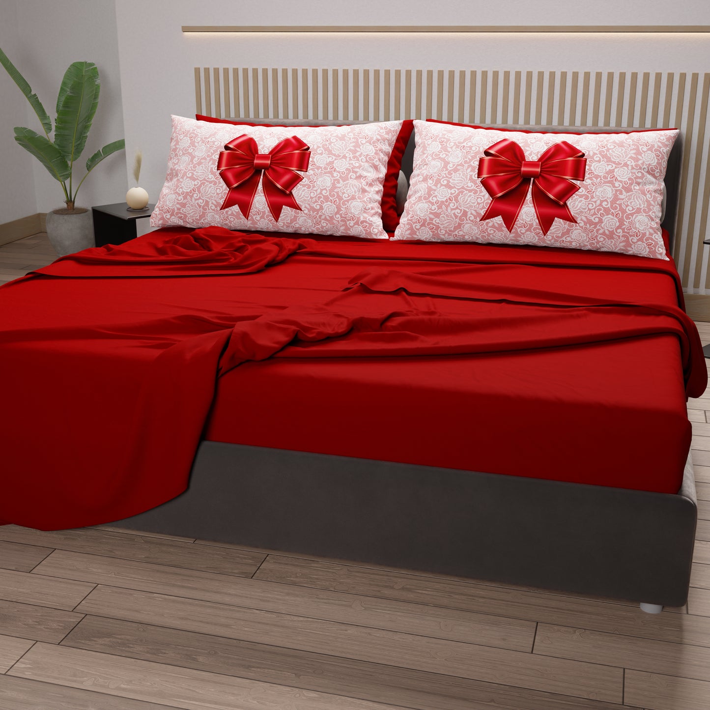 Lenzuola in Cotone, Completo Letto con Federe in Stampa Digitale Fiocco Rosso