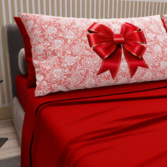 Lenzuola in Cotone, Completo Letto con Federe in Stampa Digitale Fiocco Rosso