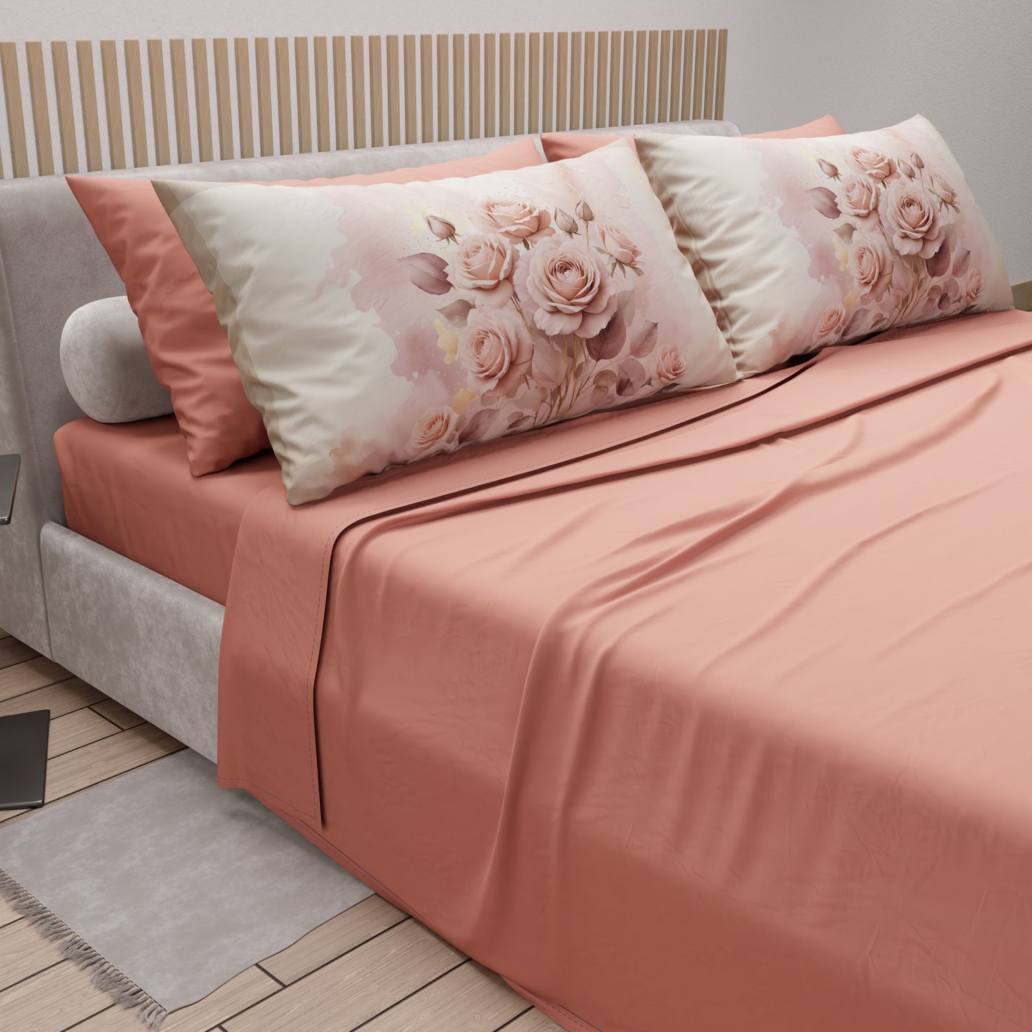 Lenzuola in Cotone, Completo Letto con Federe in Stampa Digitale Fiore Rosa
