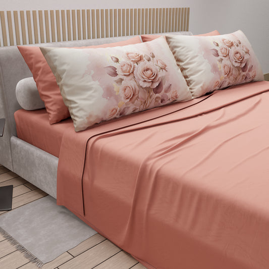 Lenzuola in Cotone, Completo Letto con Federe in Stampa Digitale Fiore Rosa