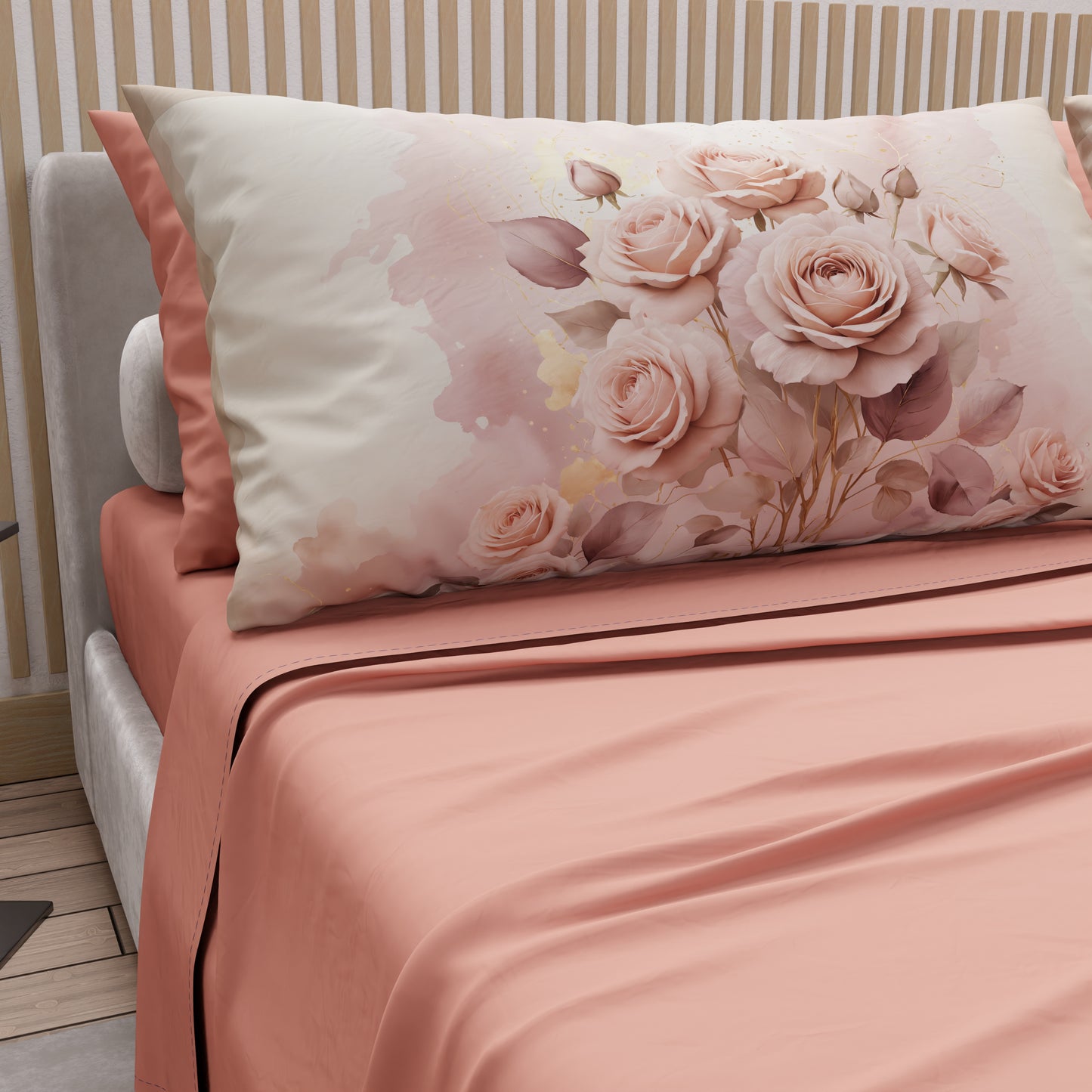 Lenzuola in Cotone, Completo Letto con Federe in Stampa Digitale Fiore Rosa