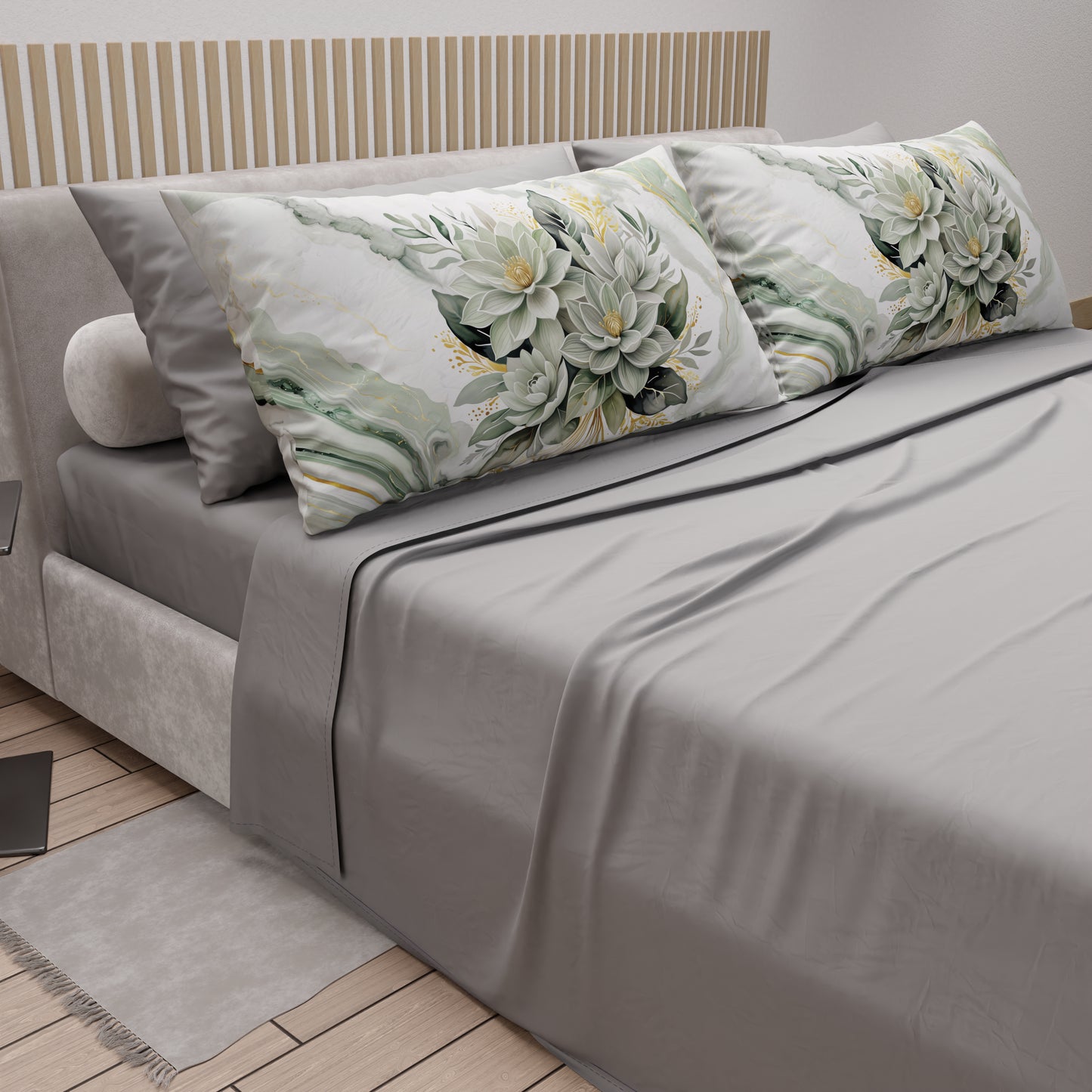 Draps en Coton, Parure de Lit avec Taies d'Oreiller en Impression Digitale Fleur Sauge