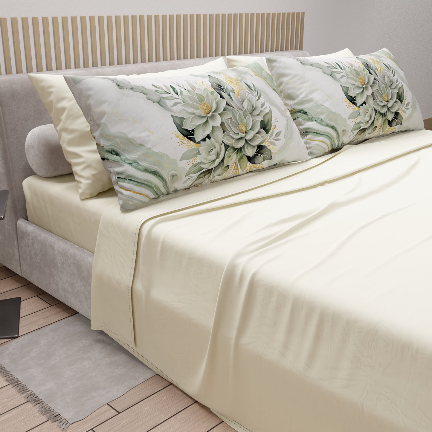 Lenzuola in Cotone, Completo Letto con Federe in Stampa Digitale Fiore Salvia