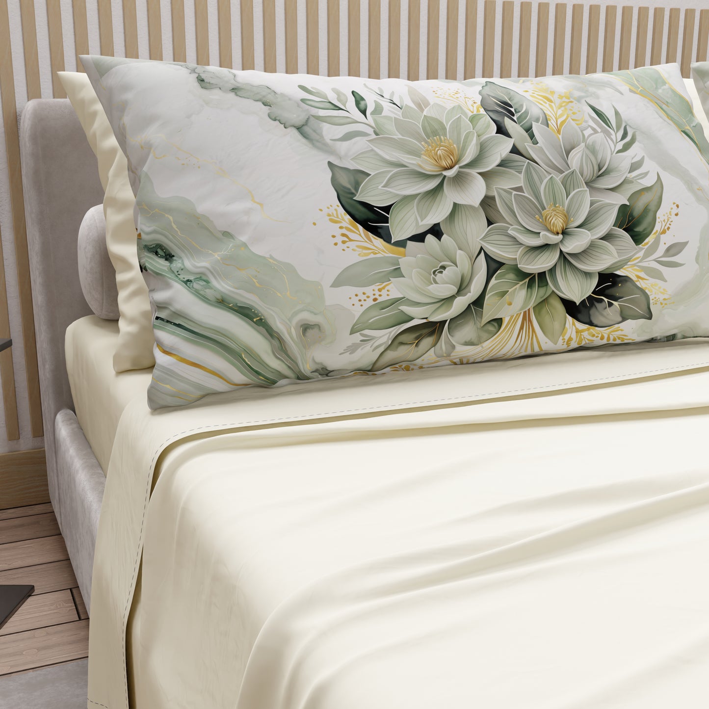 Lenzuola in Cotone, Completo Letto con Federe in Stampa Digitale Fiore Salvia