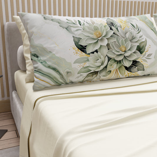 Lenzuola in Cotone, Completo Letto con Federe in Stampa Digitale Fiore Salvia