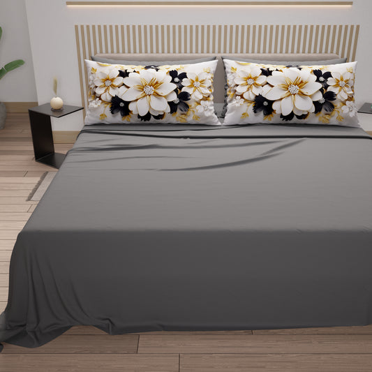 Draps en Coton, Parure de Lit avec Taies d'Oreiller en Impression Numérique Flower Ceramic Noir