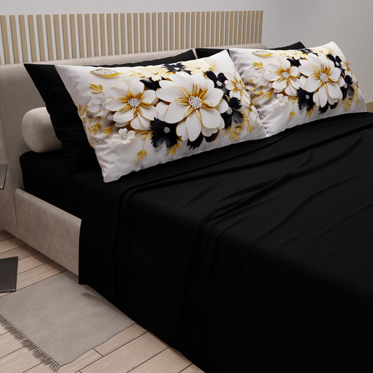 Draps en Coton, Parure de Lit avec Taies d'Oreiller en Impression Numérique Flower Ceramic Noir