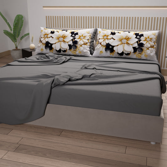 Draps en Coton, Parure de Lit avec Taies d'Oreiller en Impression Numérique Flower Ceramic Noir