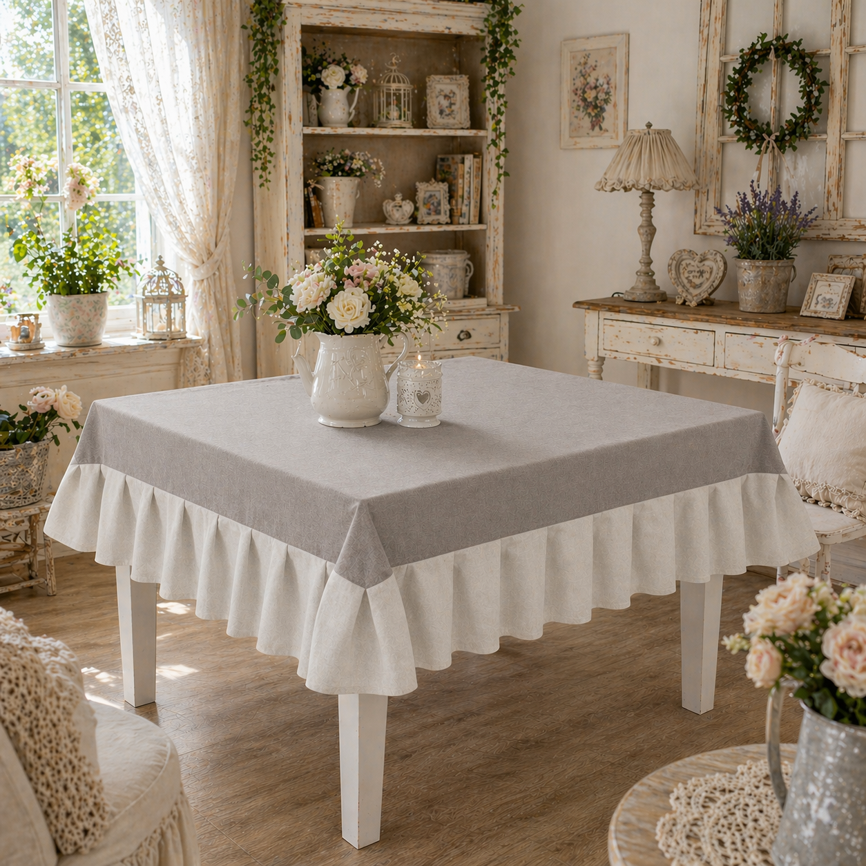 Tovaglia da Tavola Waterproof con Volant Grigio Chiaro