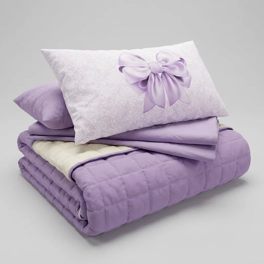 Courtepointe Unie Lilas-Crème + Draps assortis et Taie d'oreiller Digitale
