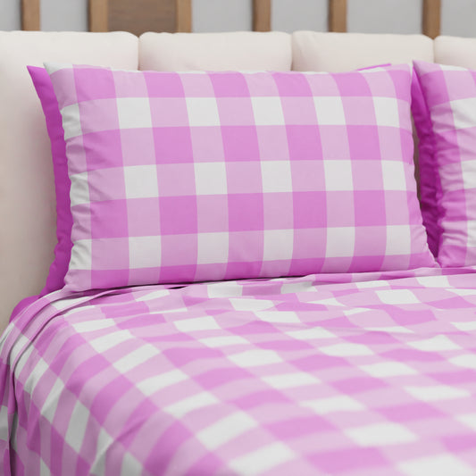 Lenzuolo Copriletto e Federe in Microfibra A Quadretti Fucsia
